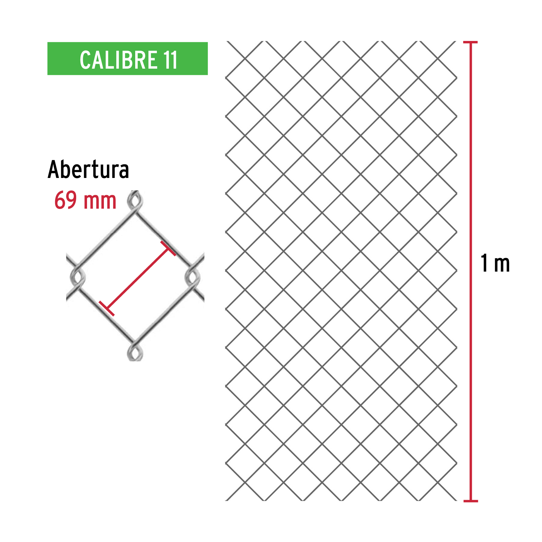 Malla ciclónica, calibre 11, abertura 69 x 69, 1 x 20 m