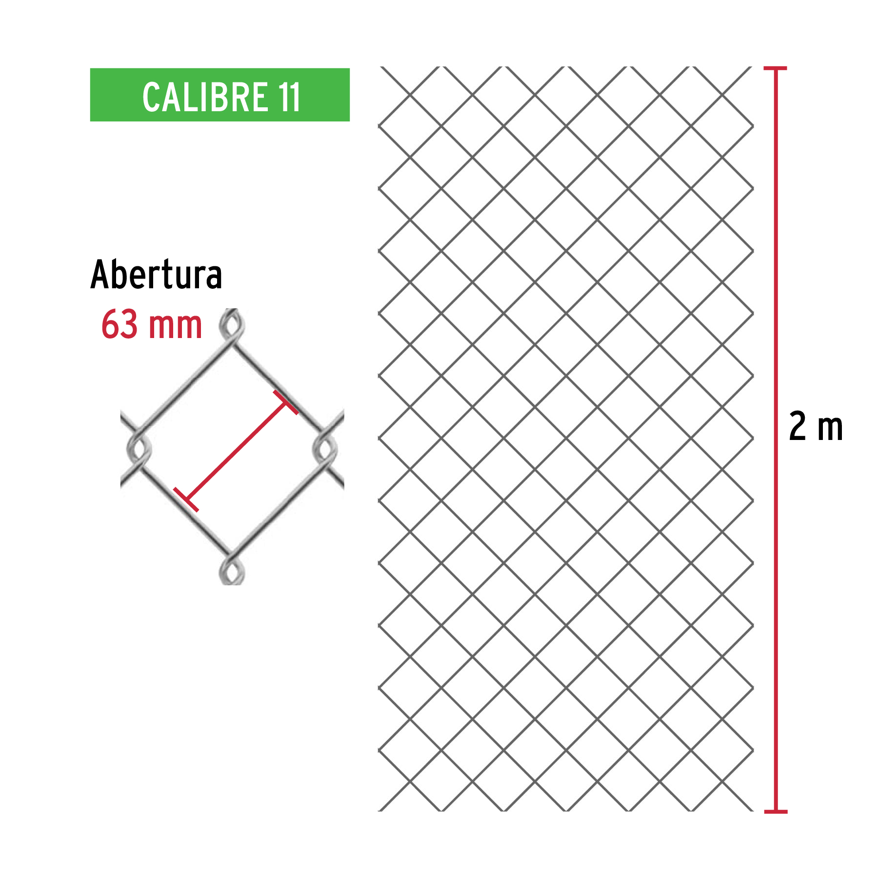 Malla ciclónica, calibre 11, abertura 63 x 63, 2 x 20 m