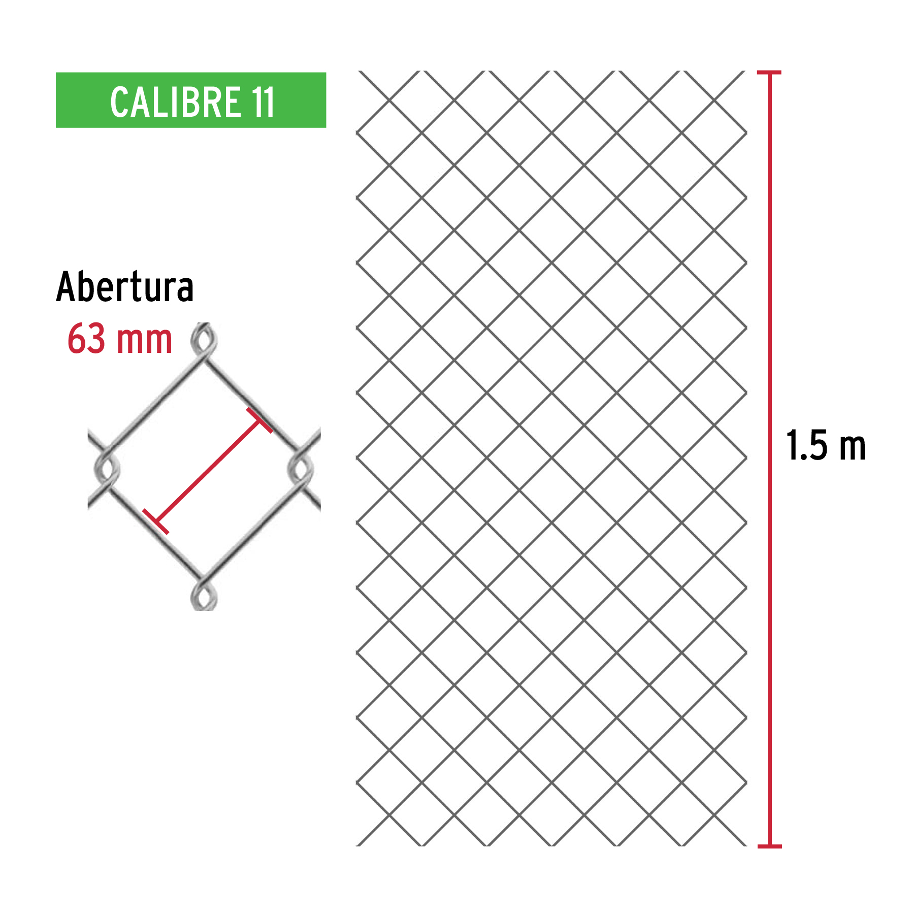 Malla ciclónica, calibre 11, abertura 63 x 63, 1.50 x 20 m