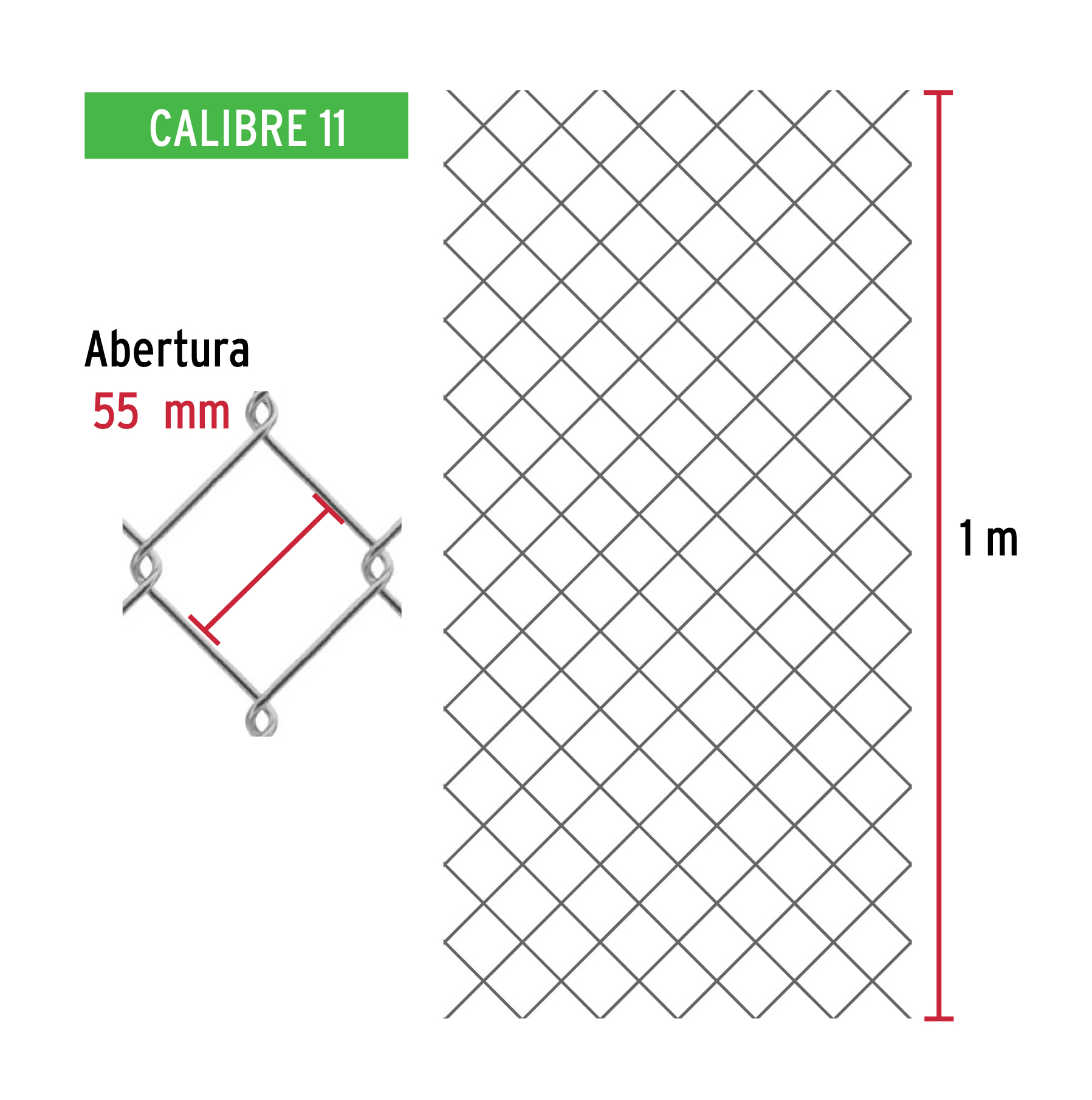 Malla ciclónica, calibre 11, abertura 55 x 55, 1x20 m