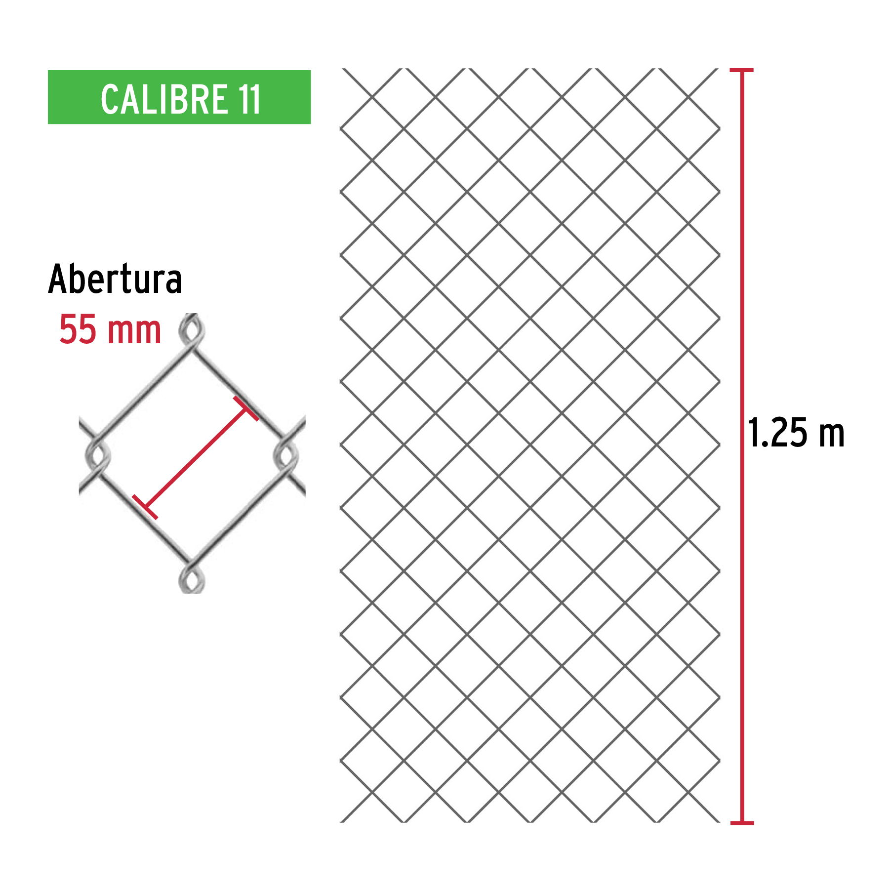 Malla ciclónica, calibre 11, abertura 55 x 55, 1.25 x 20 m
