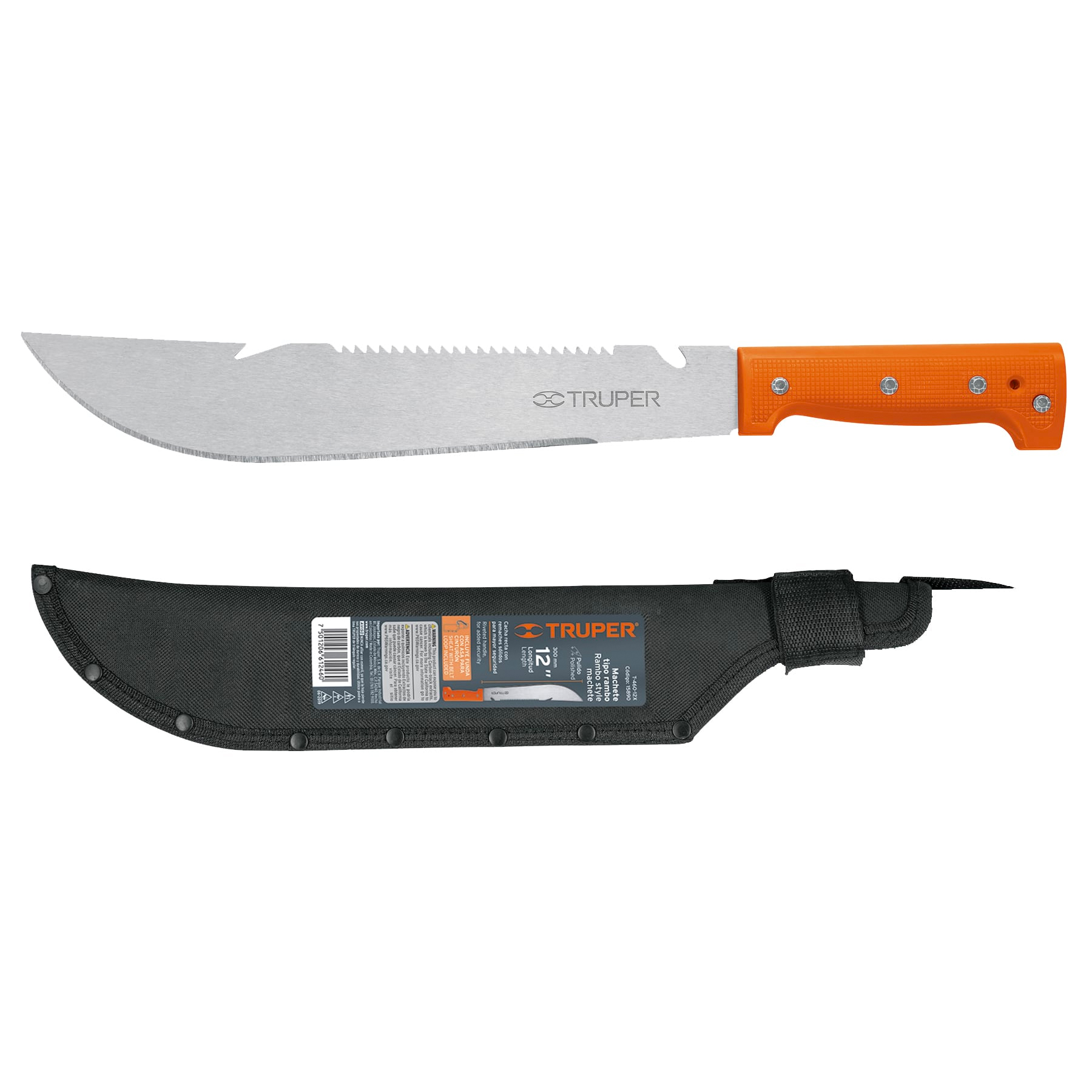 Machete tipo rambo 12" cacha naranja con funda