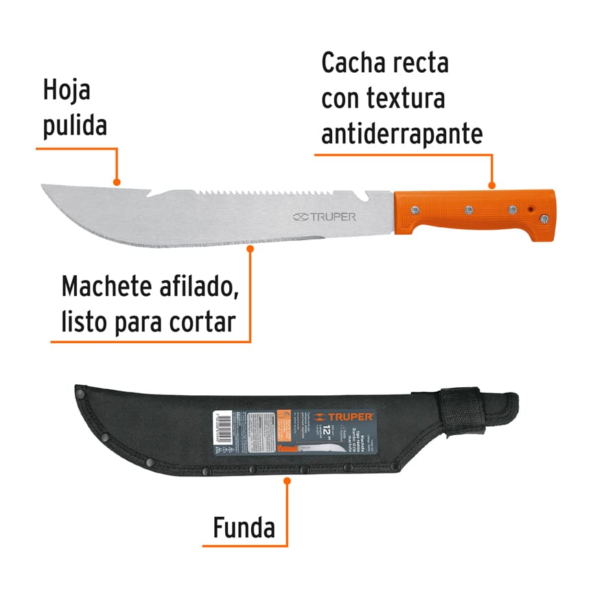 Machete tipo rambo 12" cacha naranja con funda