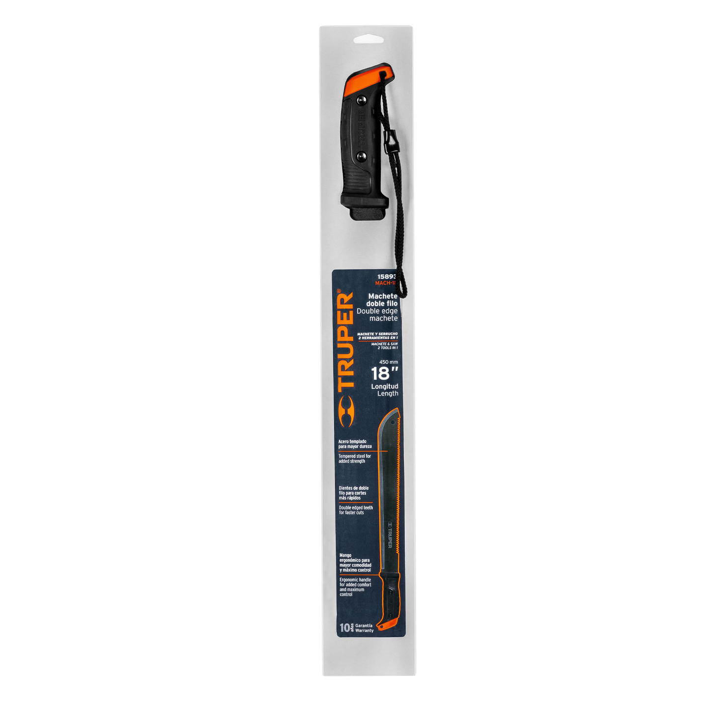 Machete doble filo, 18", en blister