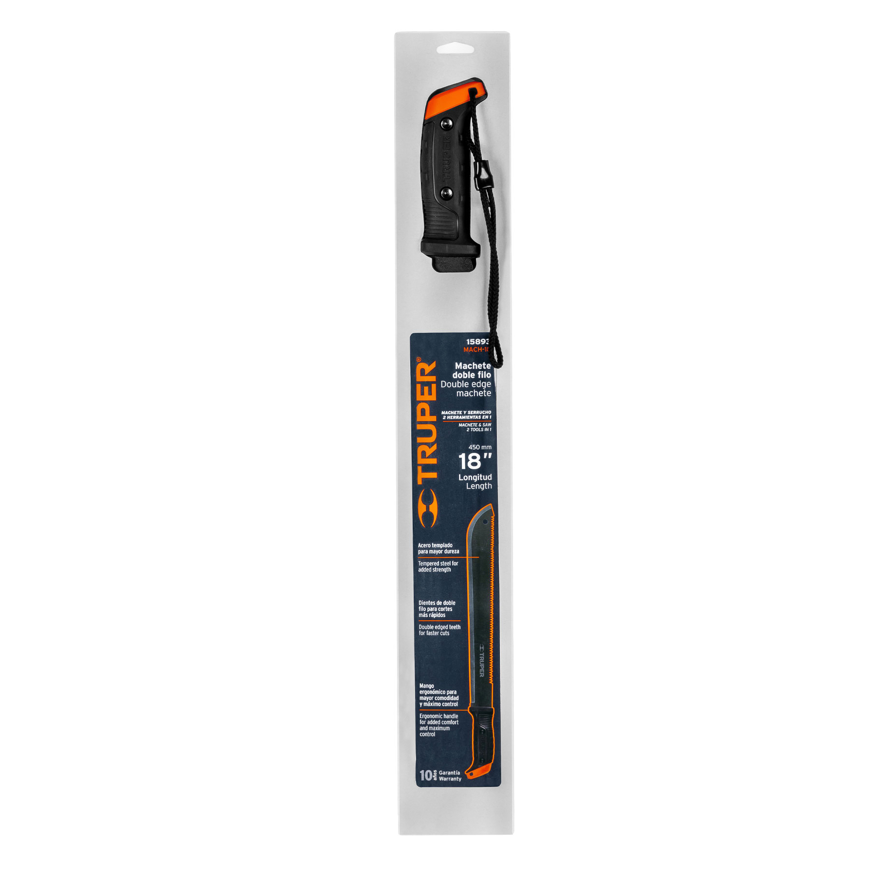 Machete doble filo, 18", en blister