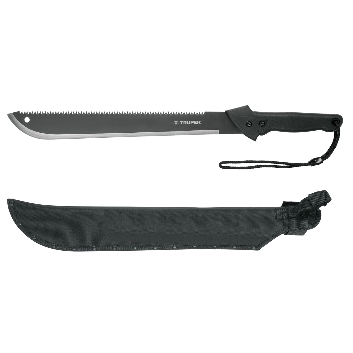Machete doble filo, 18" con mango inyectado y funda.