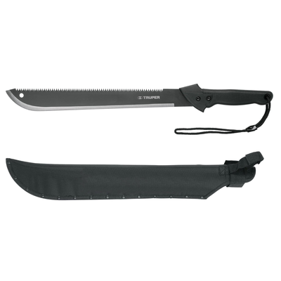 Machete doble filo, 18" con mango inyectado y funda.
