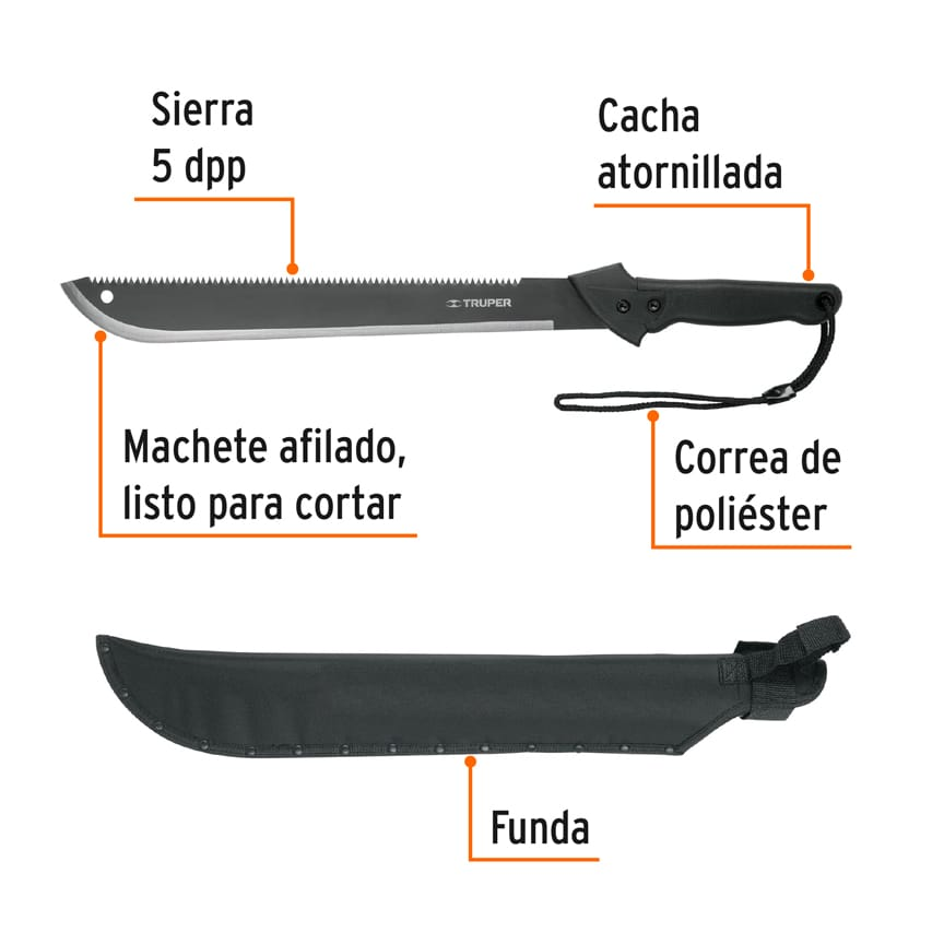 Machete doble filo, 18" con mango inyectado y funda.