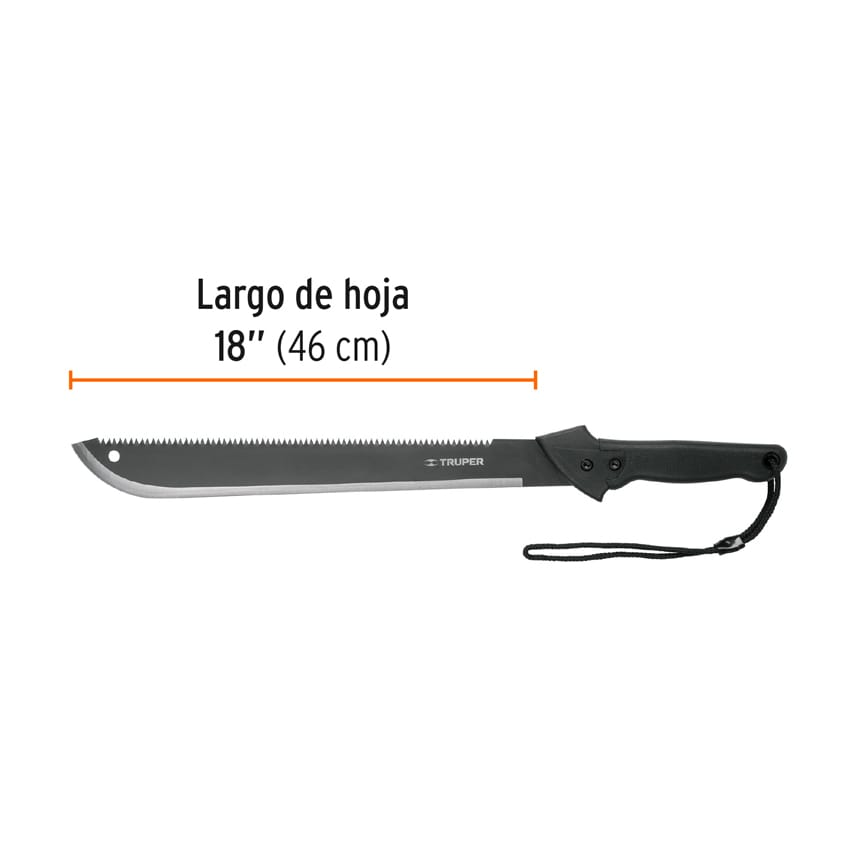 Machete doble filo, 18" con mango inyectado y funda.
