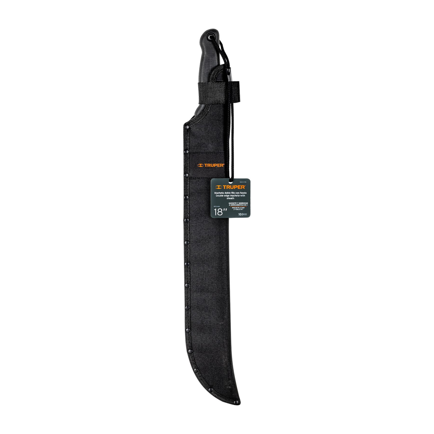 Machete doble filo, 18" con mango inyectado y funda.