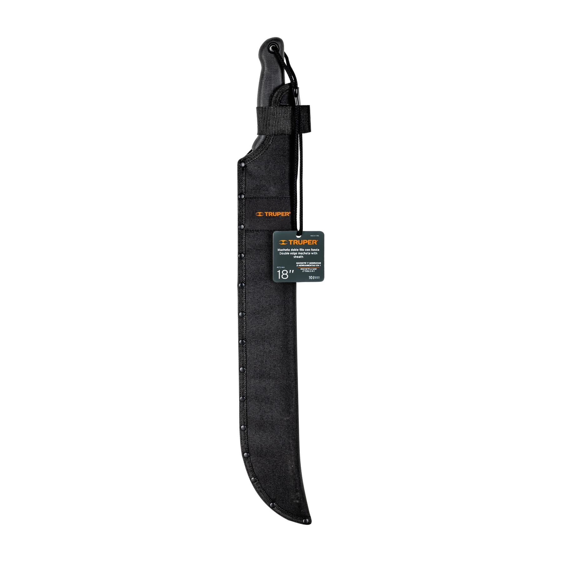 Machete doble filo, 18" con mango inyectado y funda.