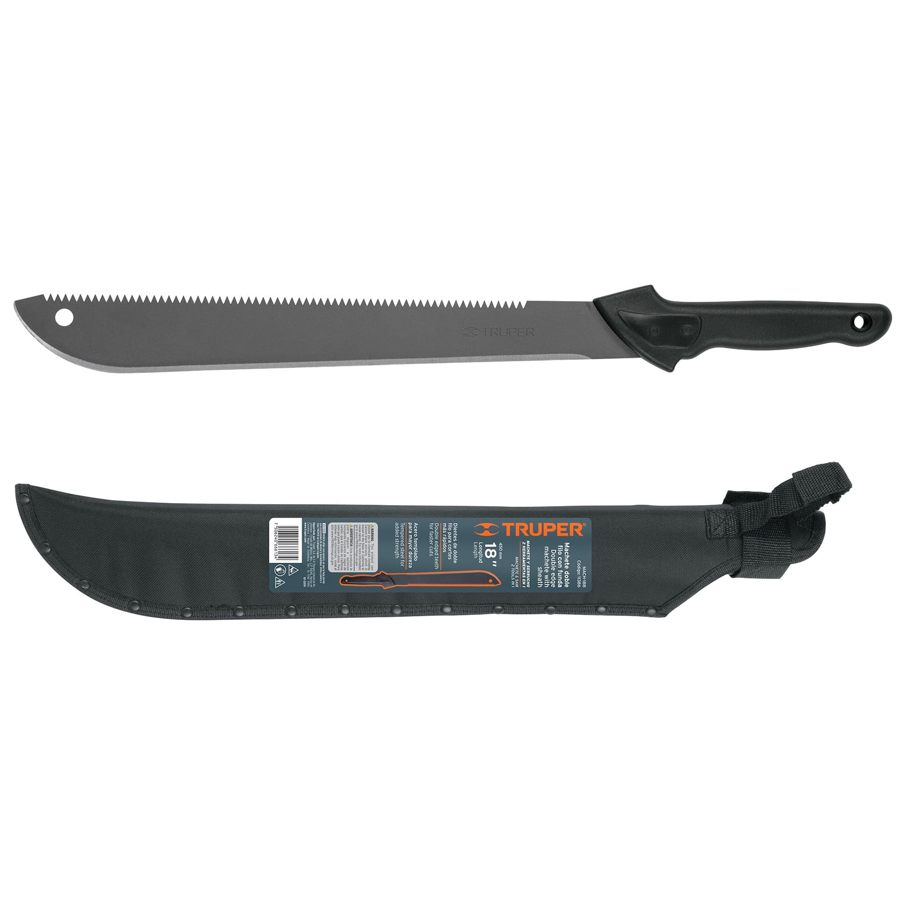 Machete doble filo, 18" con mango inyectado y funda sustituye 13098