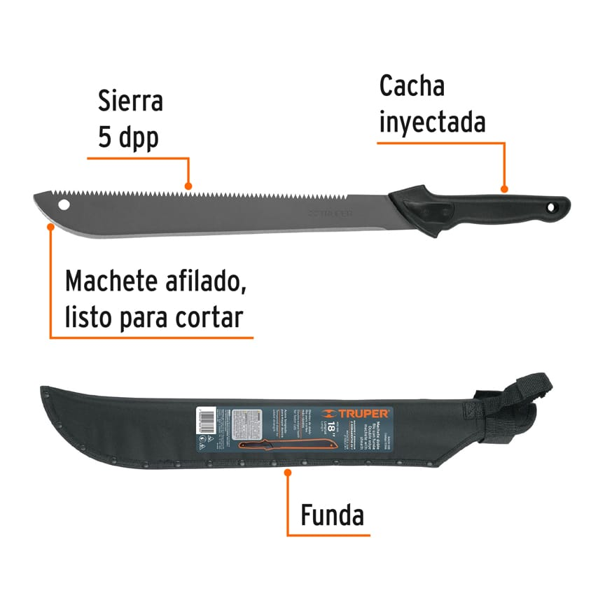 Machete doble filo, 18" con mango inyectado y funda sustituye 13098