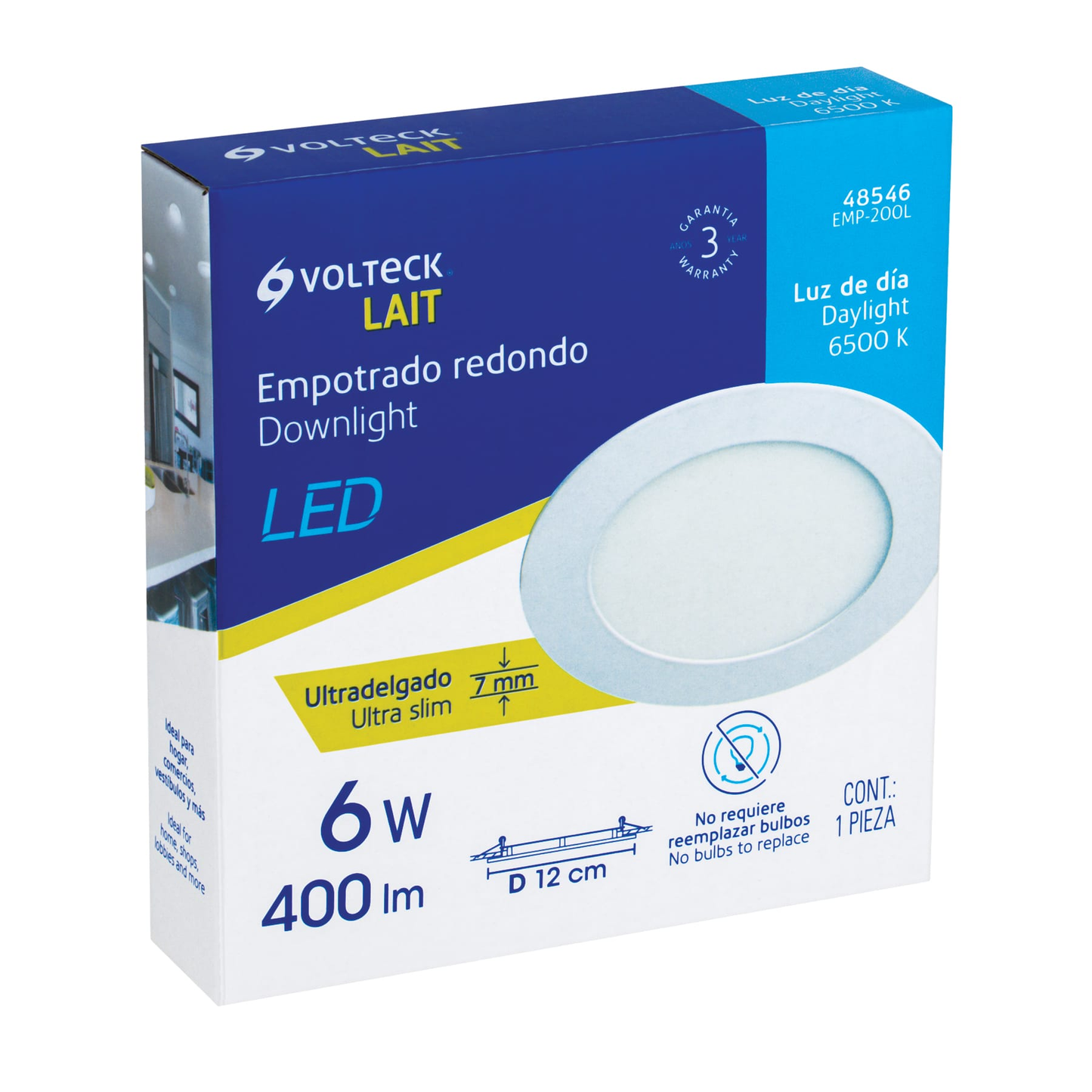 Luminario led slim de empotrar redondo, 6500K, 6W
