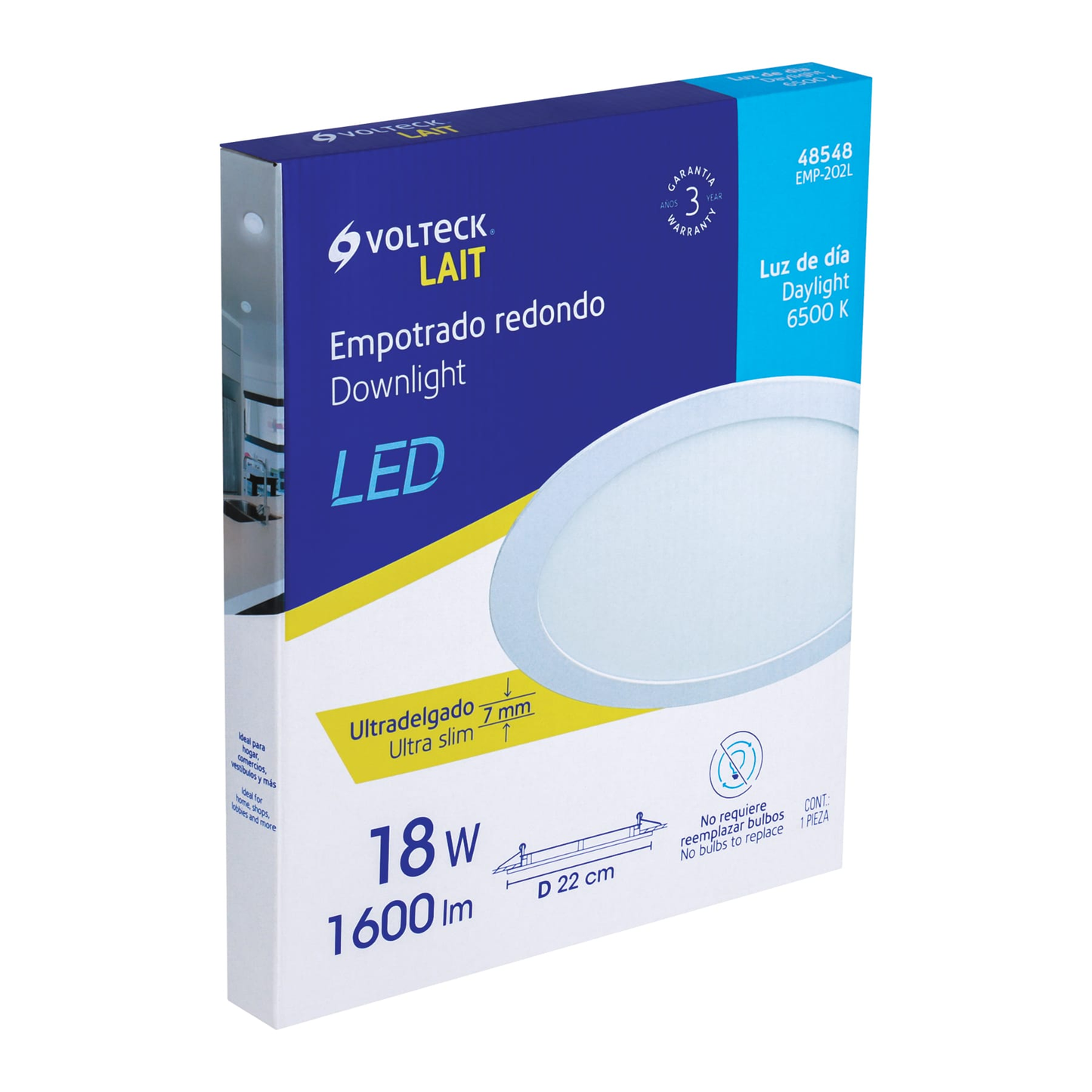 Luminario led slim de empotrar redondo, 6500K, 18W