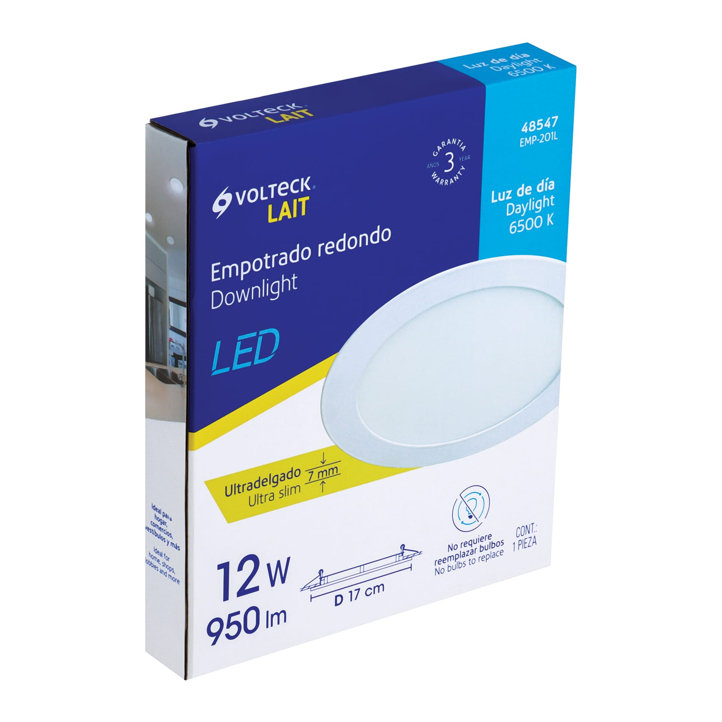 Luminario led slim de empotrar redondo, 6500K, 12W