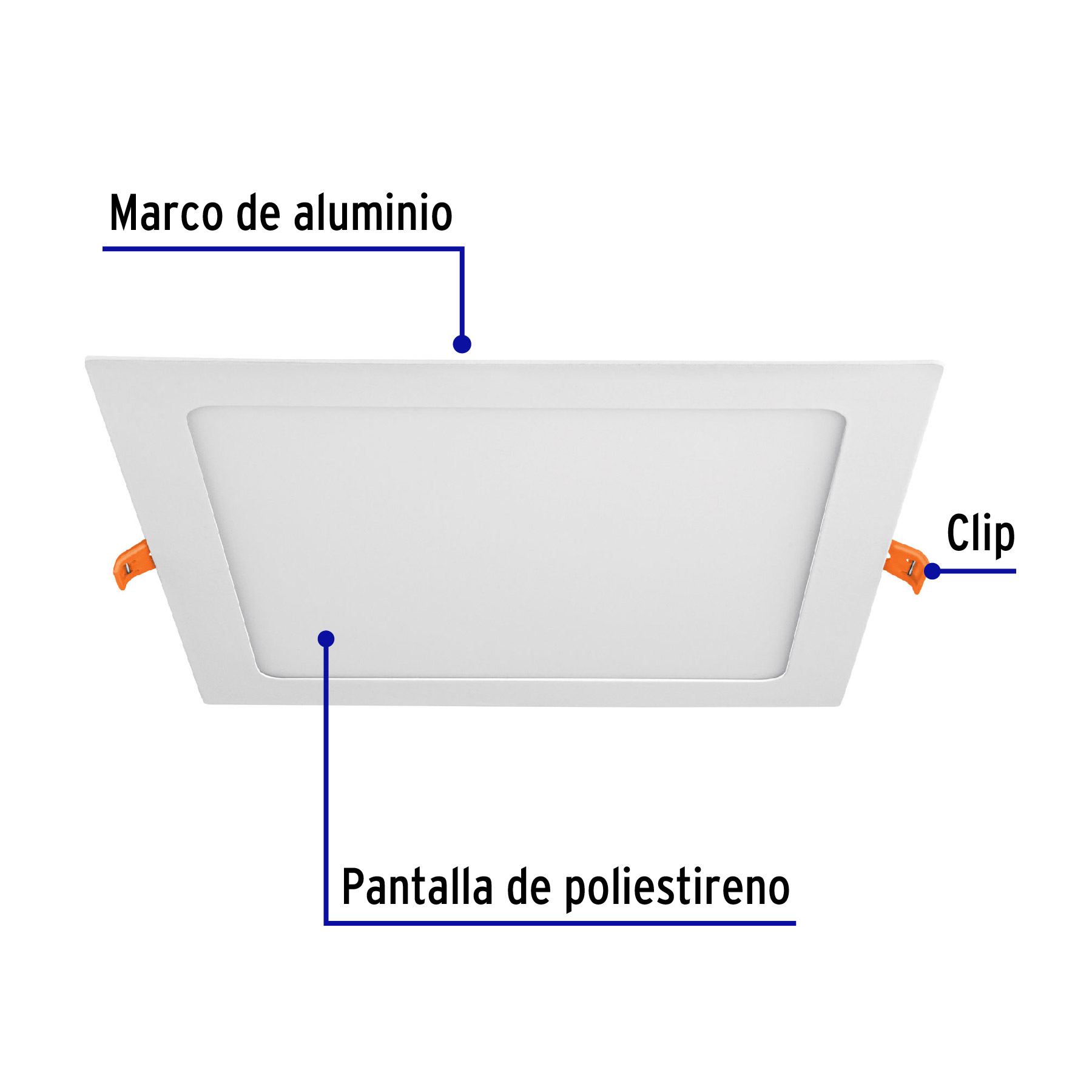 Luminario led slim de empotrar cuadrado, 6500K, 18W