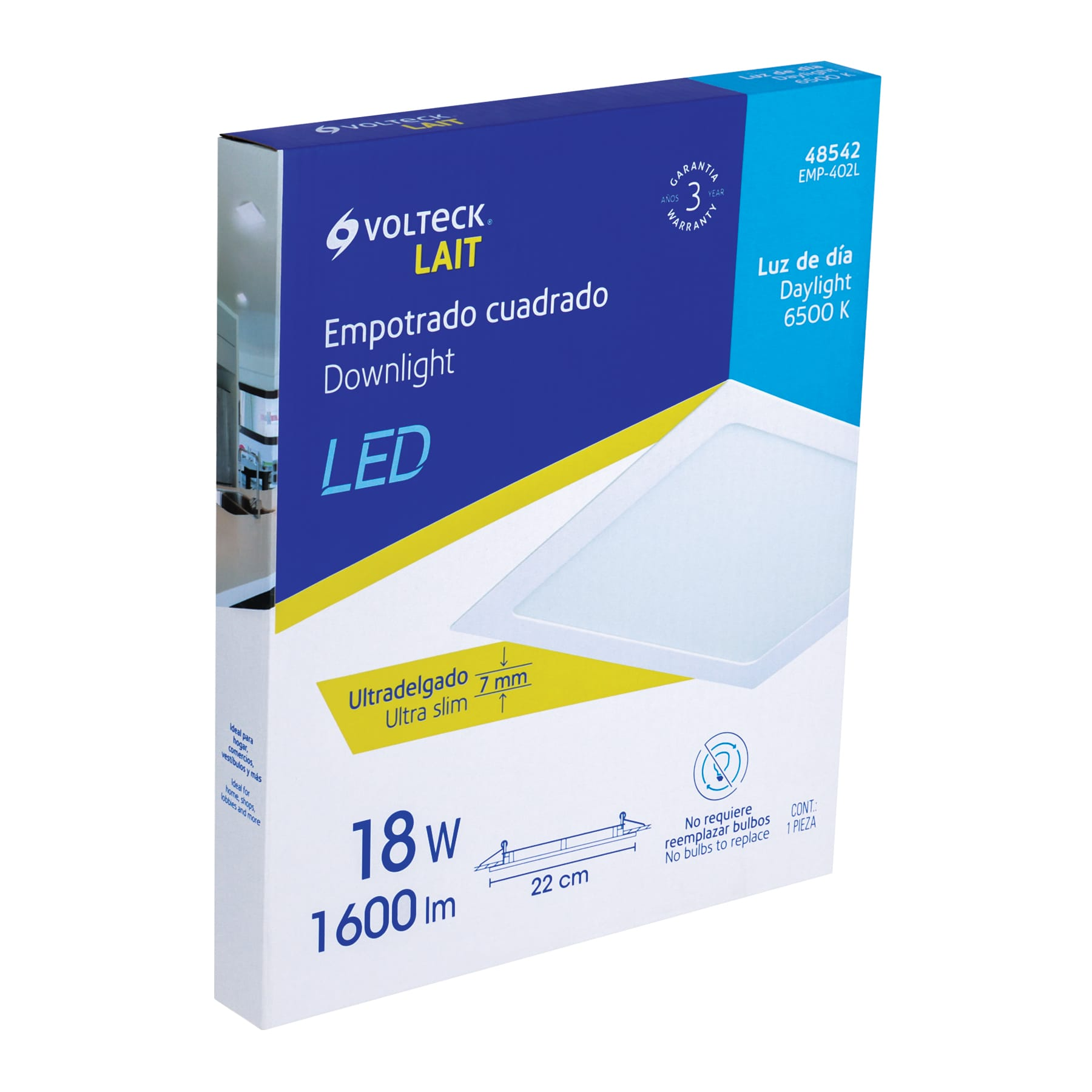 Luminario led slim de empotrar cuadrado, 6500K, 18W