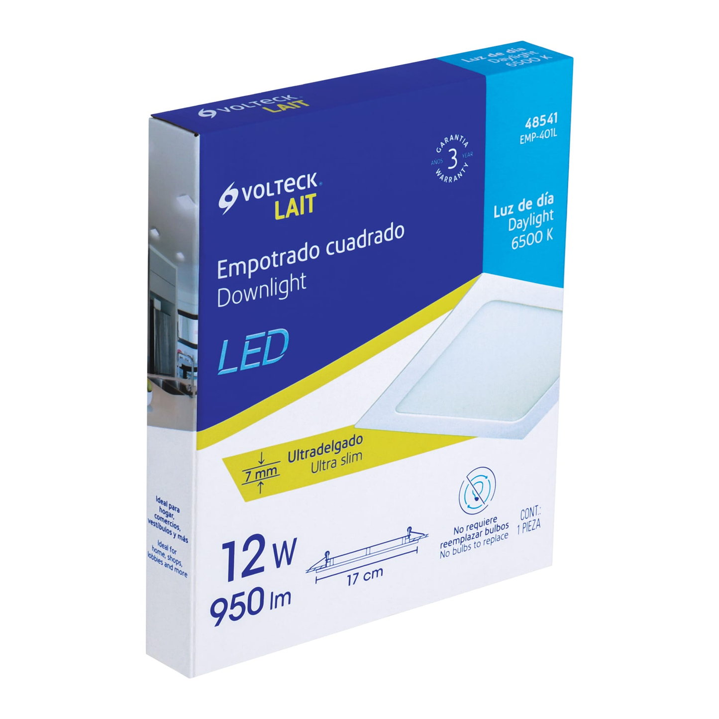 Luminario led slim de empotrar cuadrado, 6500K, 12W