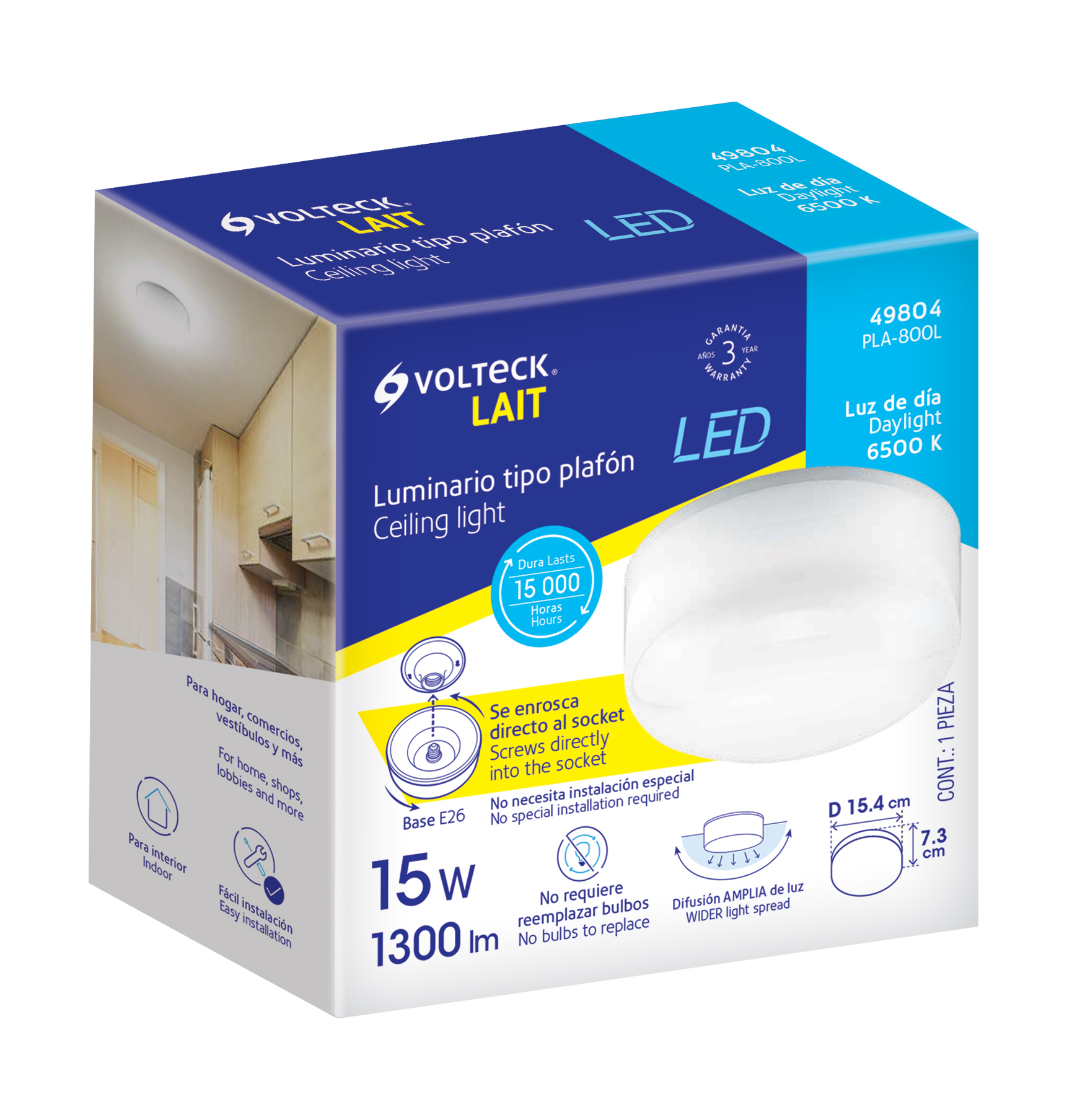Luminario de LED 15 W tipo plafón, base E26, luz de día