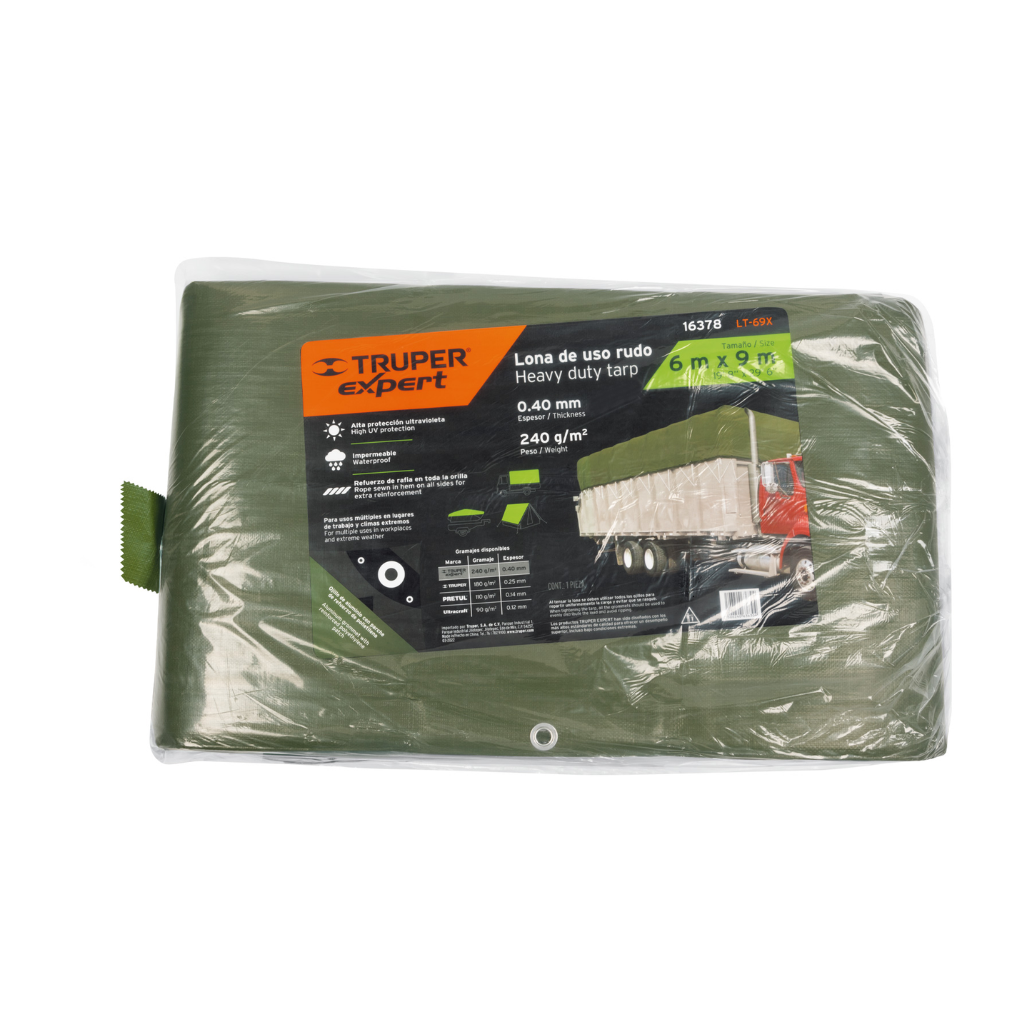 Lona uso rudo, verde olivo, 6 X 9 metros, Truper Expert