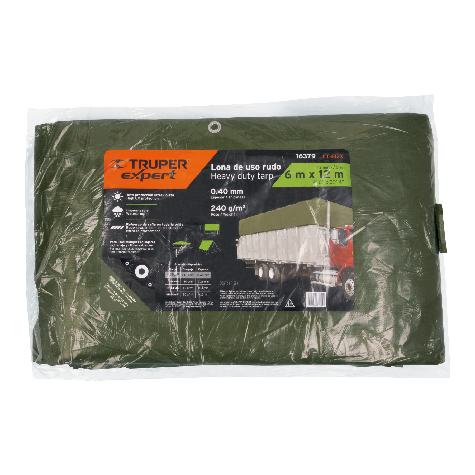 Lona uso rudo, verde olivo, 6 X 12 metros, Truper Expert