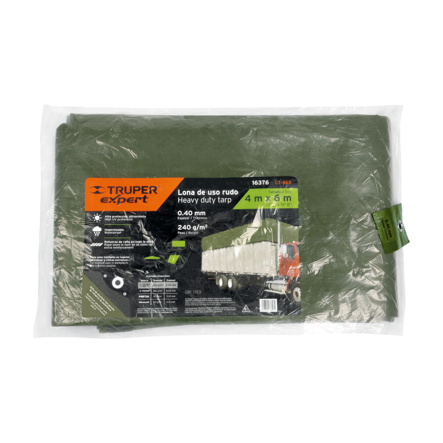 Lona uso rudo, verde olivo, 4 X 6 metros, Truper Expert