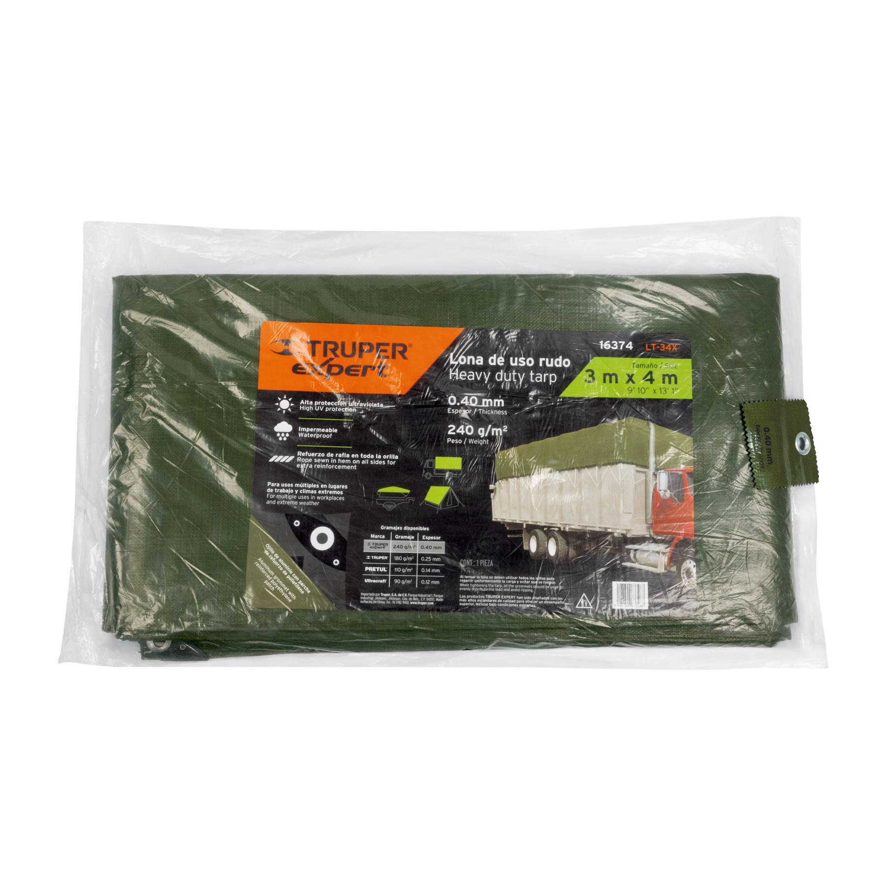 Lona Uso Rudo, Verde Olivo, 3 X 4 Metros, Truper Expert