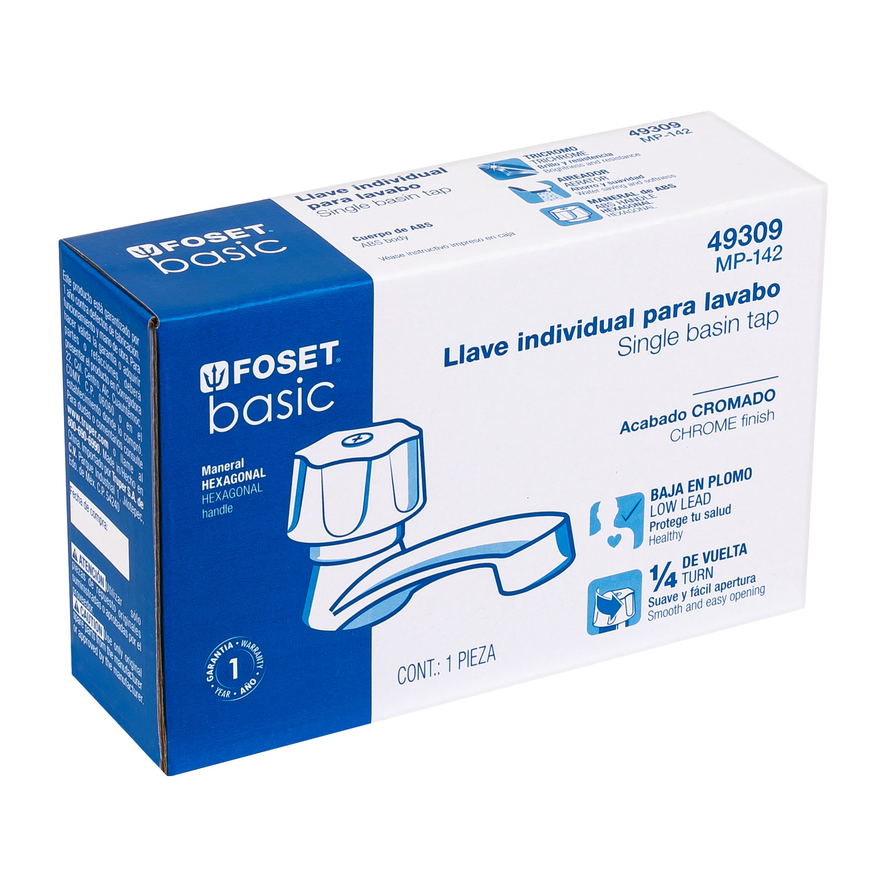 Llave individual para lavabo, ABS, maneral hexagonal, Basic