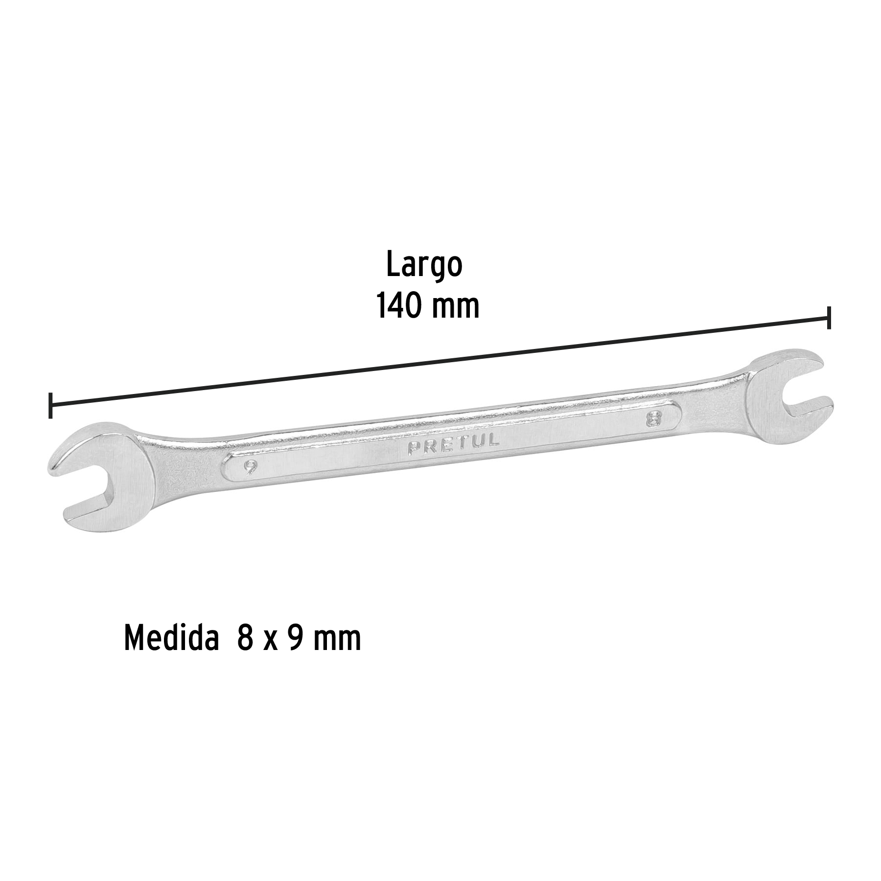 Llave española, milimétrica, 8 x 9 x 140 mm, pretul