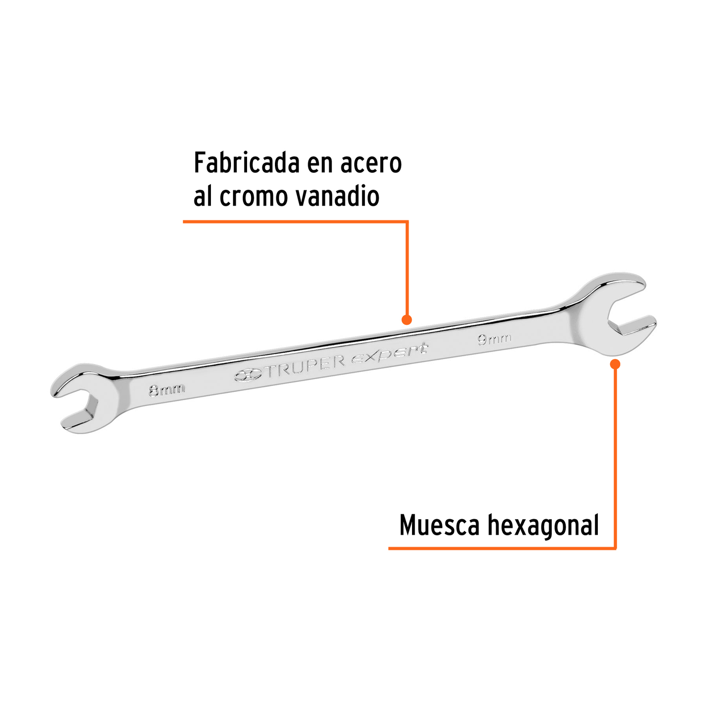 Llave española, milimétrica, 8 x 9 x 117 mm