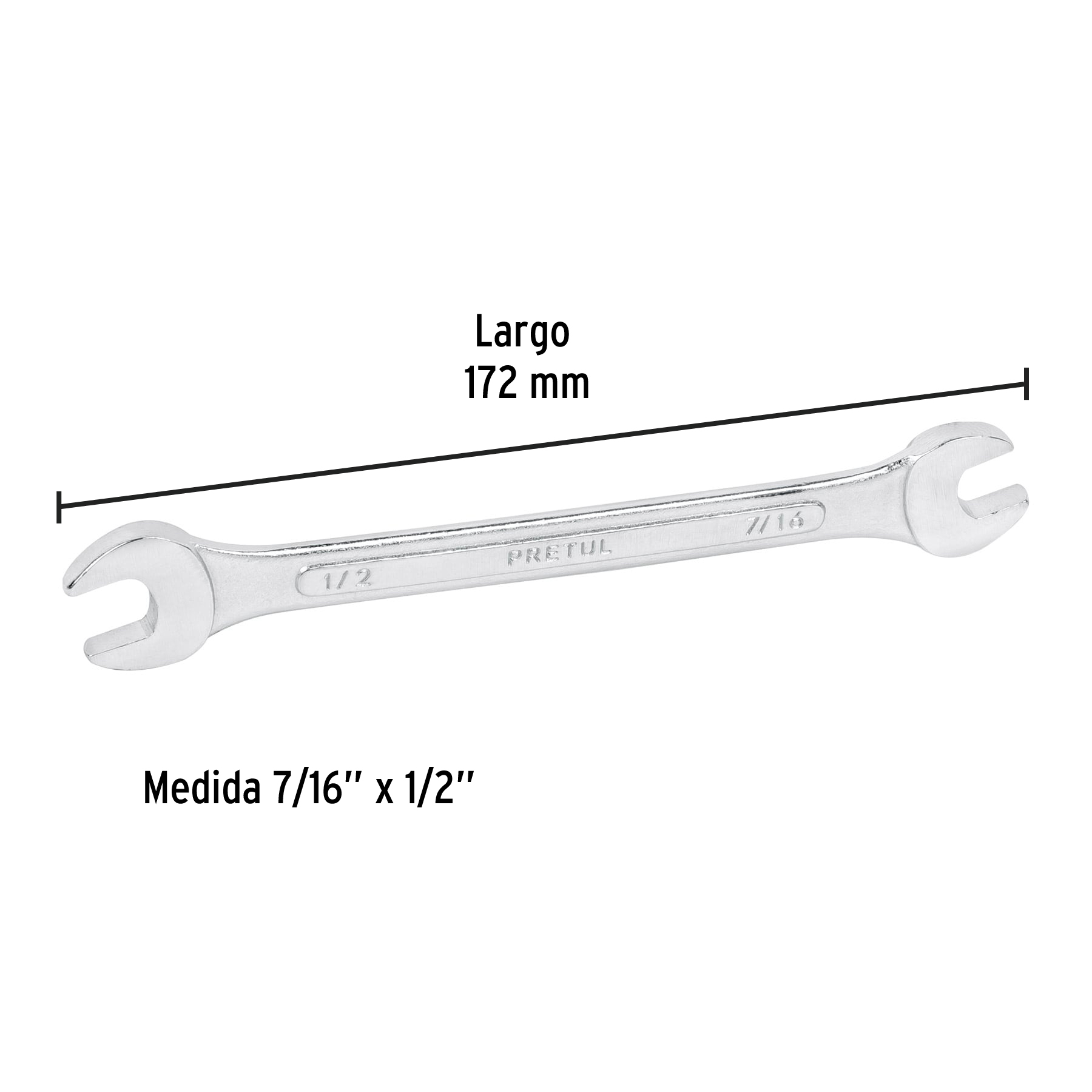 Llave española, 7/16 x 1/2" x 172 mm, pretul