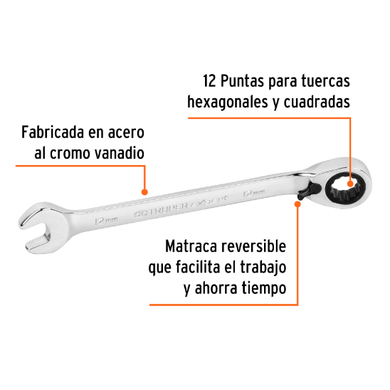 Llave combinada matraca reversible, 12x170 mm,Truper Expert