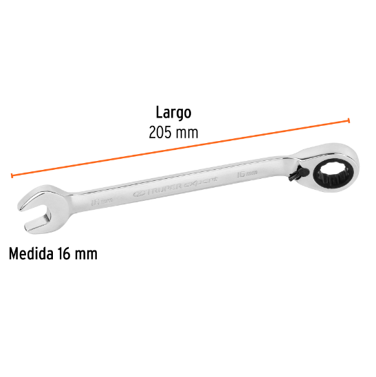 Llave combinada con matraca, reversible, 16mm, Truper Expert