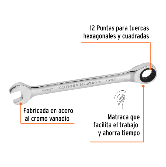 Llave combinada con matraca, 9/16" x 185 mm, Truper Expert