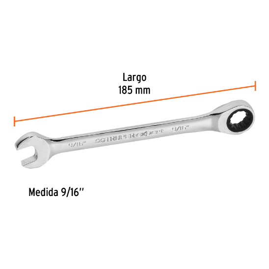 Llave combinada con matraca, 9/16" x 185 mm, Truper Expert