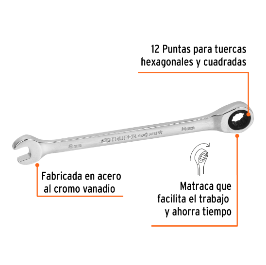Llave combinada con matraca, 8 x 136 mm, Truper Expert
