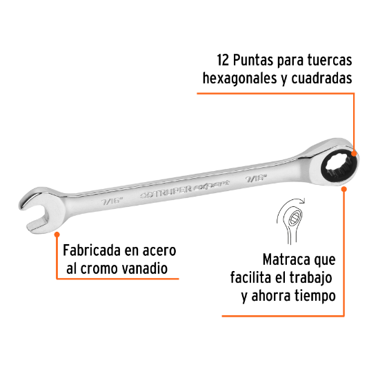 Llave combinada con matraca, 7/16" x 160 mm, Truper Expert