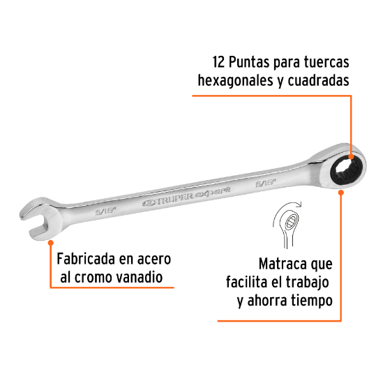 Llave combinada con matraca, 5/16" x 135 mm, Truper Expert