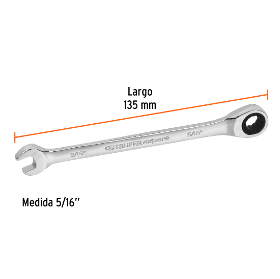 Llave combinada con matraca, 5/16" x 135 mm, Truper Expert