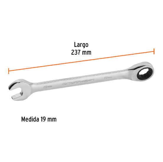 Llave combinada con matraca, 19 x 237 mm, Truper Expert