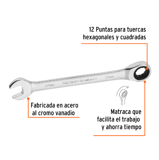 Llave combinada con matraca, 17 x 218 mm, Truper Expert