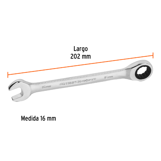 Llave combinada con matraca, 16 x 202 mm, Truper Expert