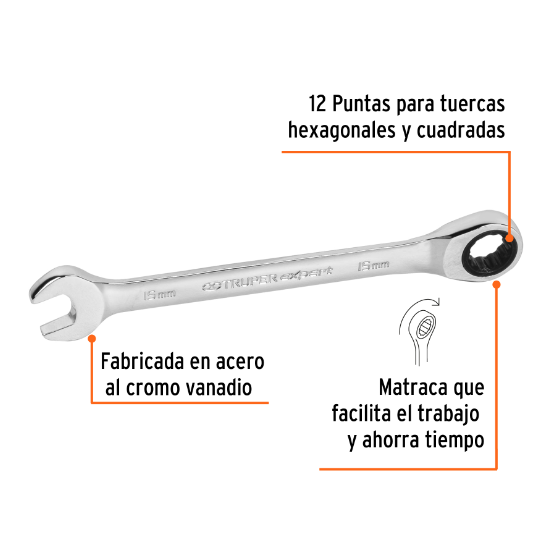 Llave combinada con matraca, 15 x 194 mm, Truper Expert