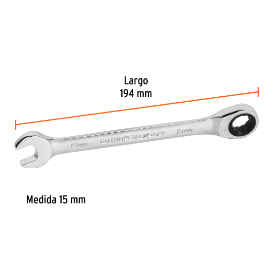 Llave combinada con matraca, 15 x 194 mm, Truper Expert