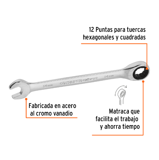 Llave combinada con matraca, 14 x 186 mm, Truper Expert