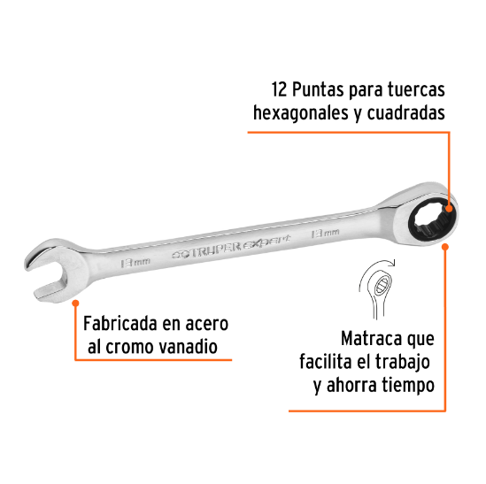 Llave combinada con matraca, 13 x 174 mm, Truper Expert