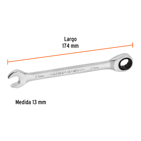 Llave combinada con matraca, 13 x 174 mm, Truper Expert