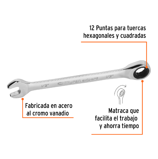 Llave combinada con matraca, 1/2" x 173 mm, Truper Expert