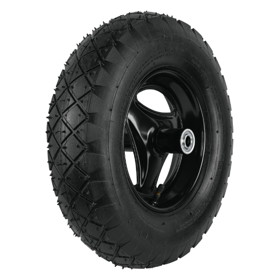 Llanta reforzada,16"con rin,eje, baleros p/carretilla, Pretu